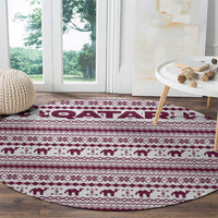 Qatar Christmas Round Carpet with Maroon-White Pattern, National Emblem, and Camel Motif - Wonder Print Shop