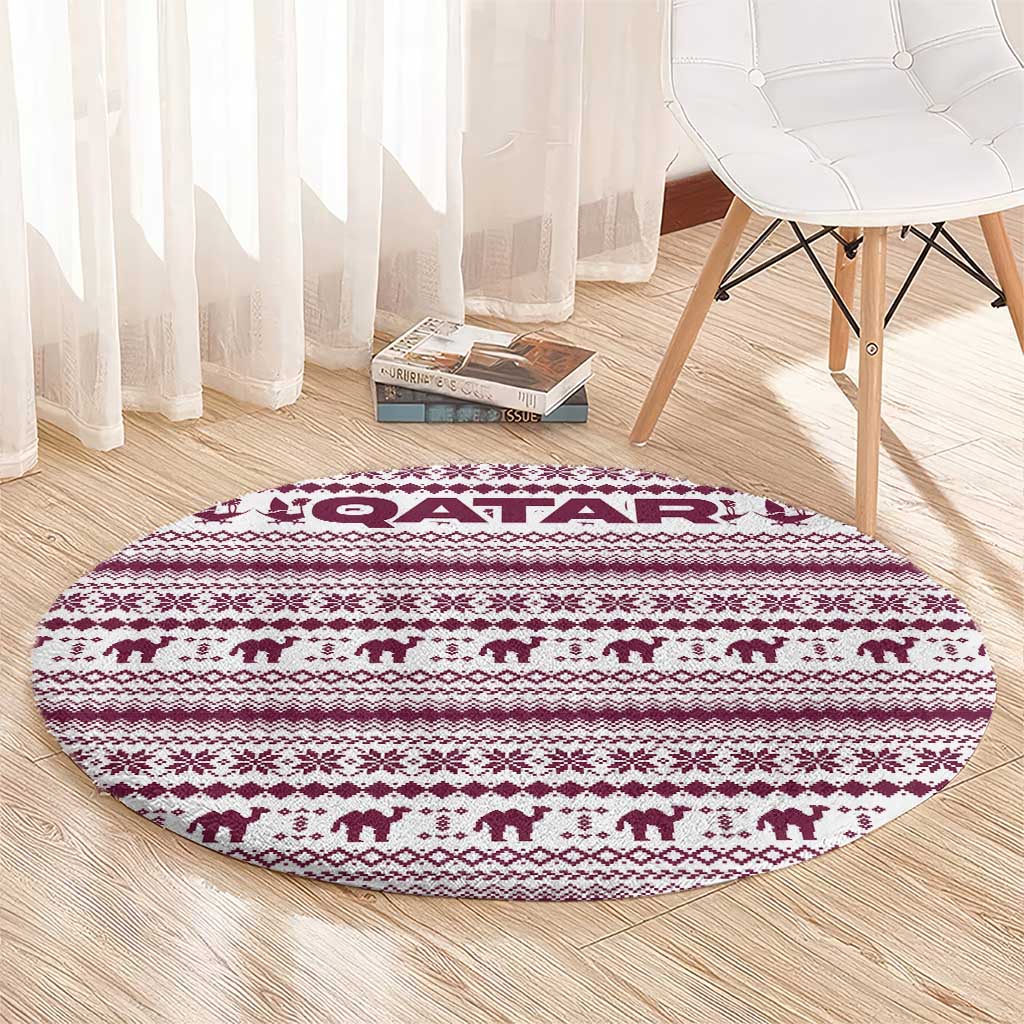 Qatar Christmas Round Carpet with Maroon-White Pattern, National Emblem, and Camel Motif - Wonder Print Shop