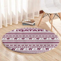 Qatar Christmas Round Carpet with Maroon-White Pattern, National Emblem, and Camel Motif - Wonder Print Shop
