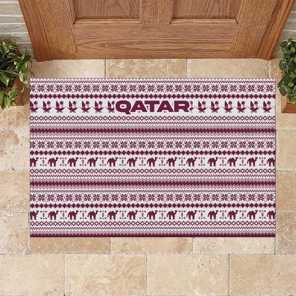 Qatar Christmas Rubber Doormat with Maroon-White Pattern, National Emblem, and Camel Motif - Wonder Print Shop