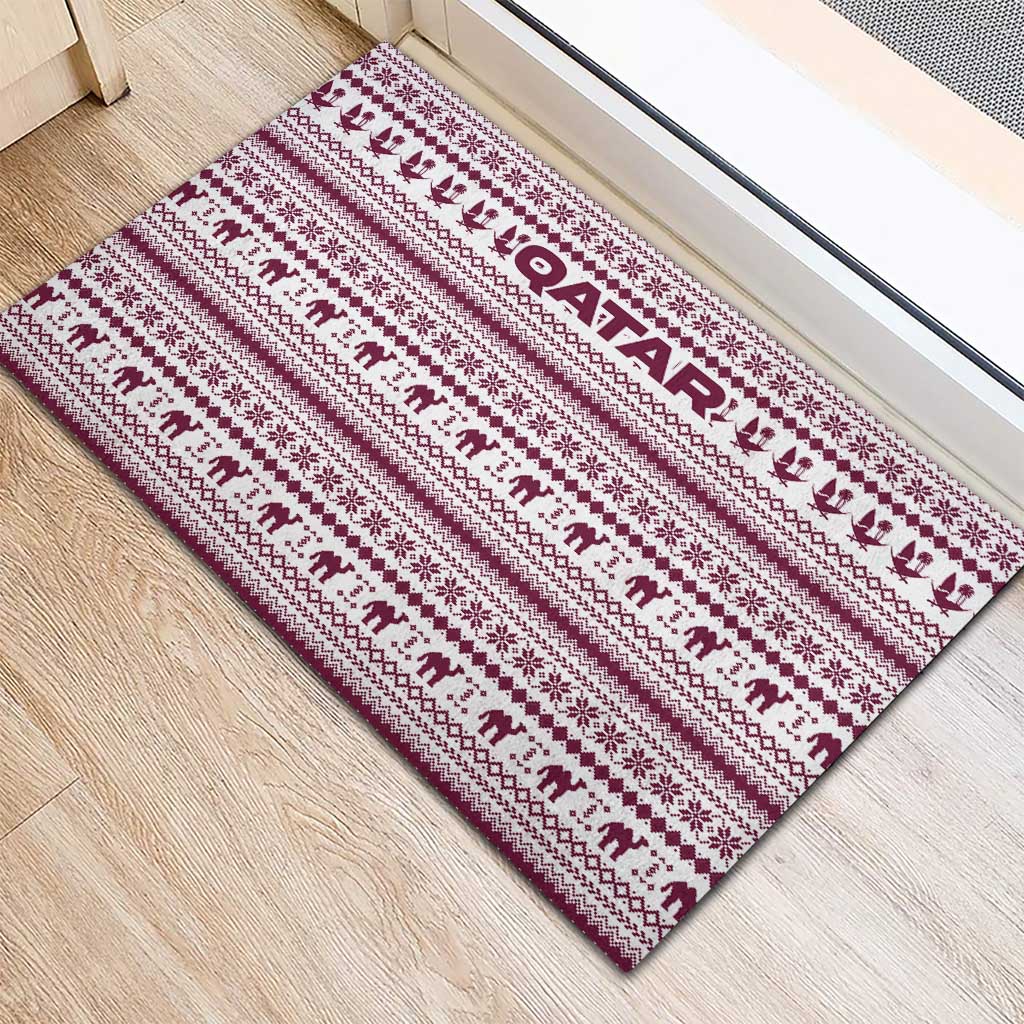 Qatar Christmas Rubber Doormat with Maroon-White Pattern, National Emblem, and Camel Motif - Wonder Print Shop