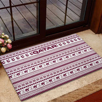 Qatar Christmas Rubber Doormat with Maroon-White Pattern, National Emblem, and Camel Motif - Wonder Print Shop