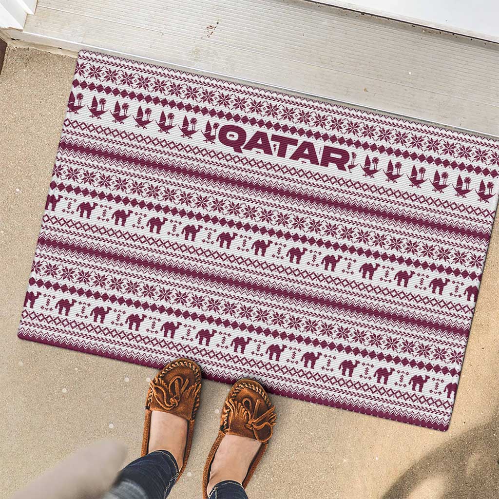 Qatar Christmas Rubber Doormat with Maroon-White Pattern, National Emblem, and Camel Motif - Wonder Print Shop