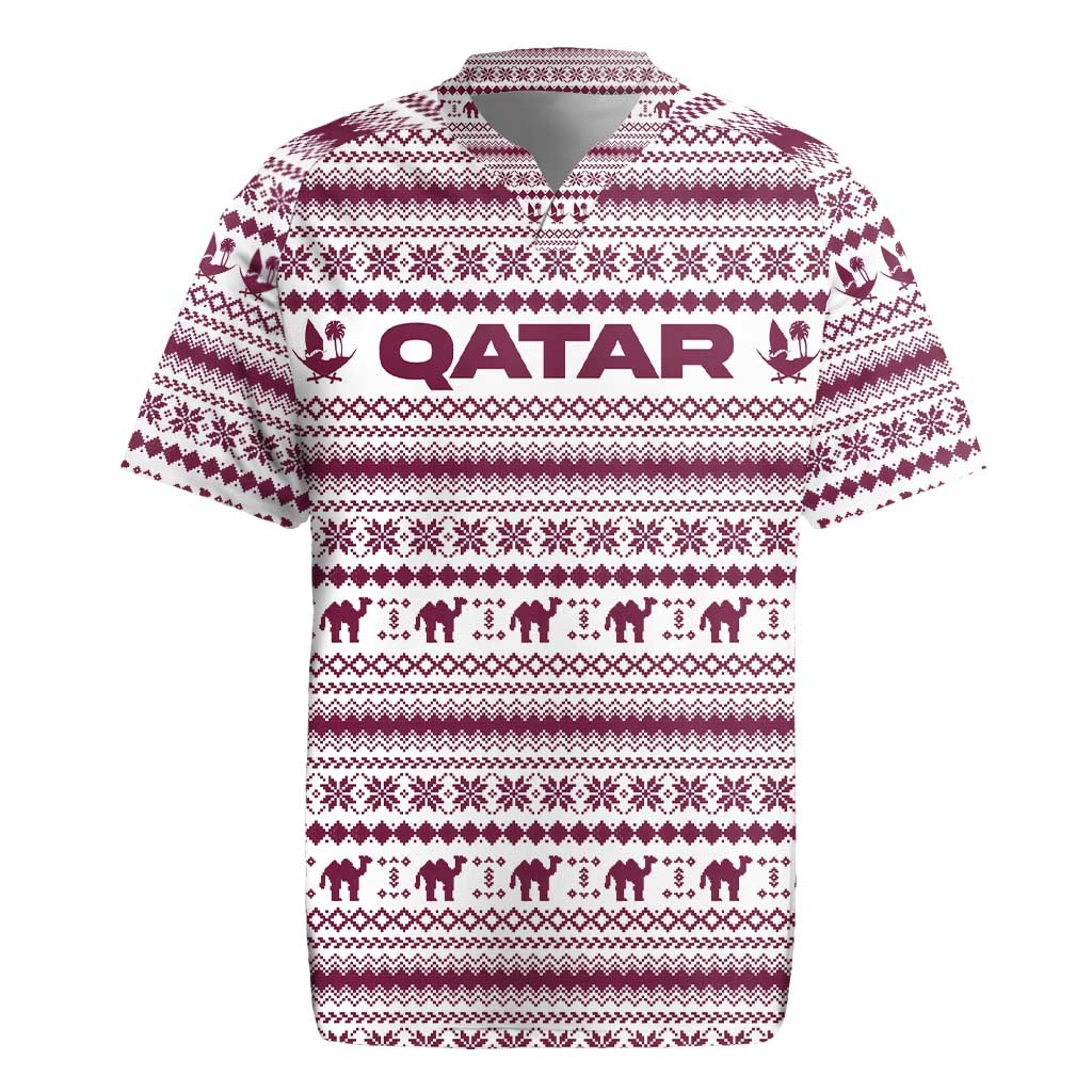 Qatar Christmas Rugby Jersey with Maroon-White Pattern, National Emblem, and Camel Motif - Wonder Print Shop