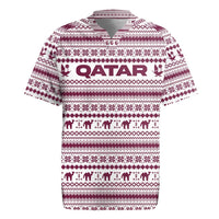 Qatar Christmas Rugby Jersey with Maroon-White Pattern, National Emblem, and Camel Motif - Wonder Print Shop