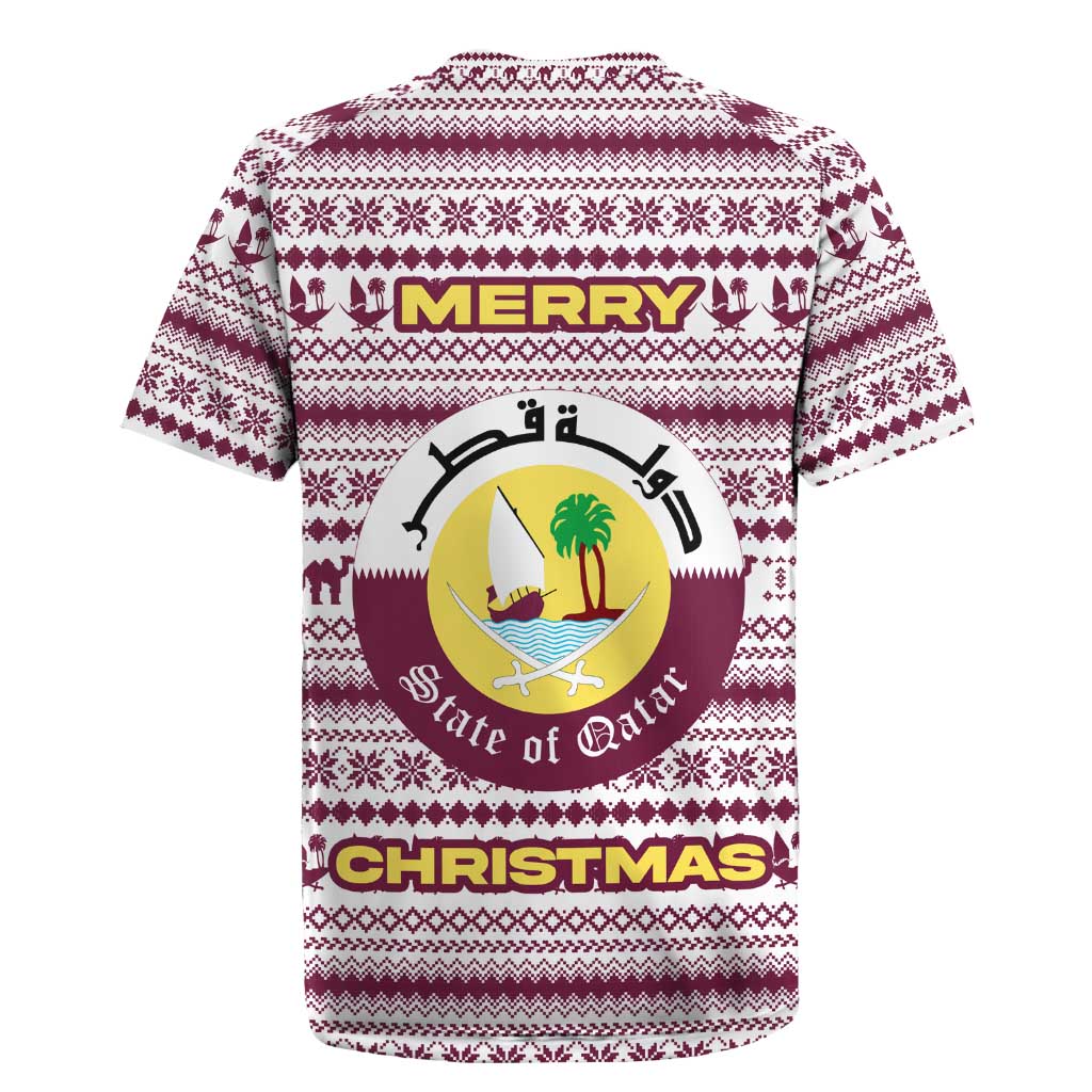 Qatar Christmas Rugby Jersey with Maroon-White Pattern, National Emblem, and Camel Motif - Wonder Print Shop