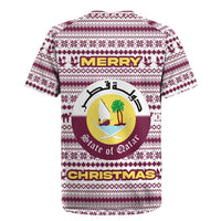 Qatar Christmas Rugby Jersey with Maroon-White Pattern, National Emblem, and Camel Motif - Wonder Print Shop
