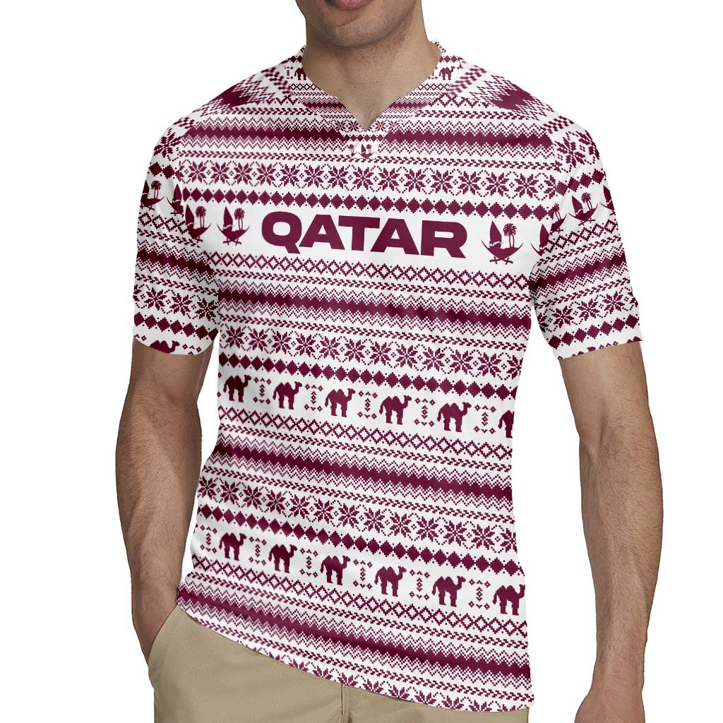 Qatar Christmas Rugby Jersey with Maroon-White Pattern, National Emblem, and Camel Motif - Wonder Print Shop