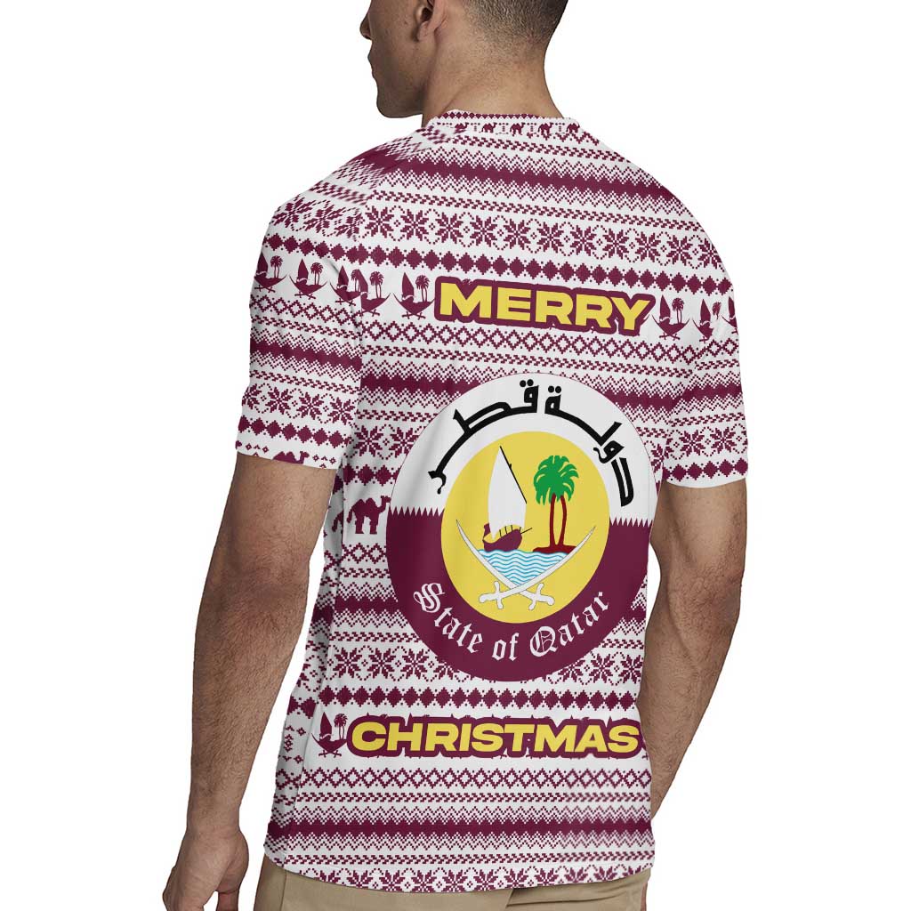 Qatar Christmas Rugby Jersey with Maroon-White Pattern, National Emblem, and Camel Motif - Wonder Print Shop
