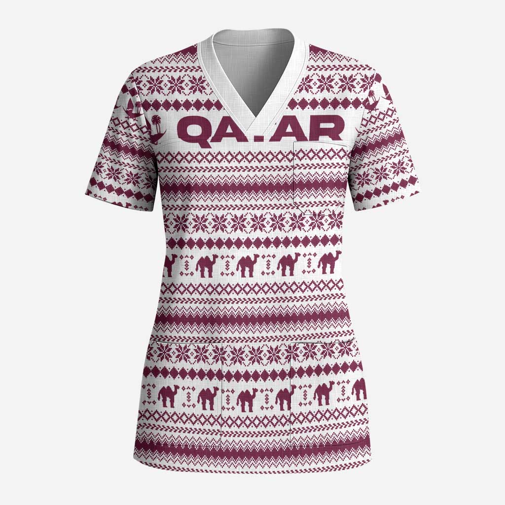 Qatar Christmas Scrub Top with Maroon-White Pattern, National Emblem, and Camel Motif - Wonder Print Shop