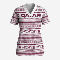 Qatar Christmas Scrub Top with Maroon-White Pattern, National Emblem, and Camel Motif - Wonder Print Shop