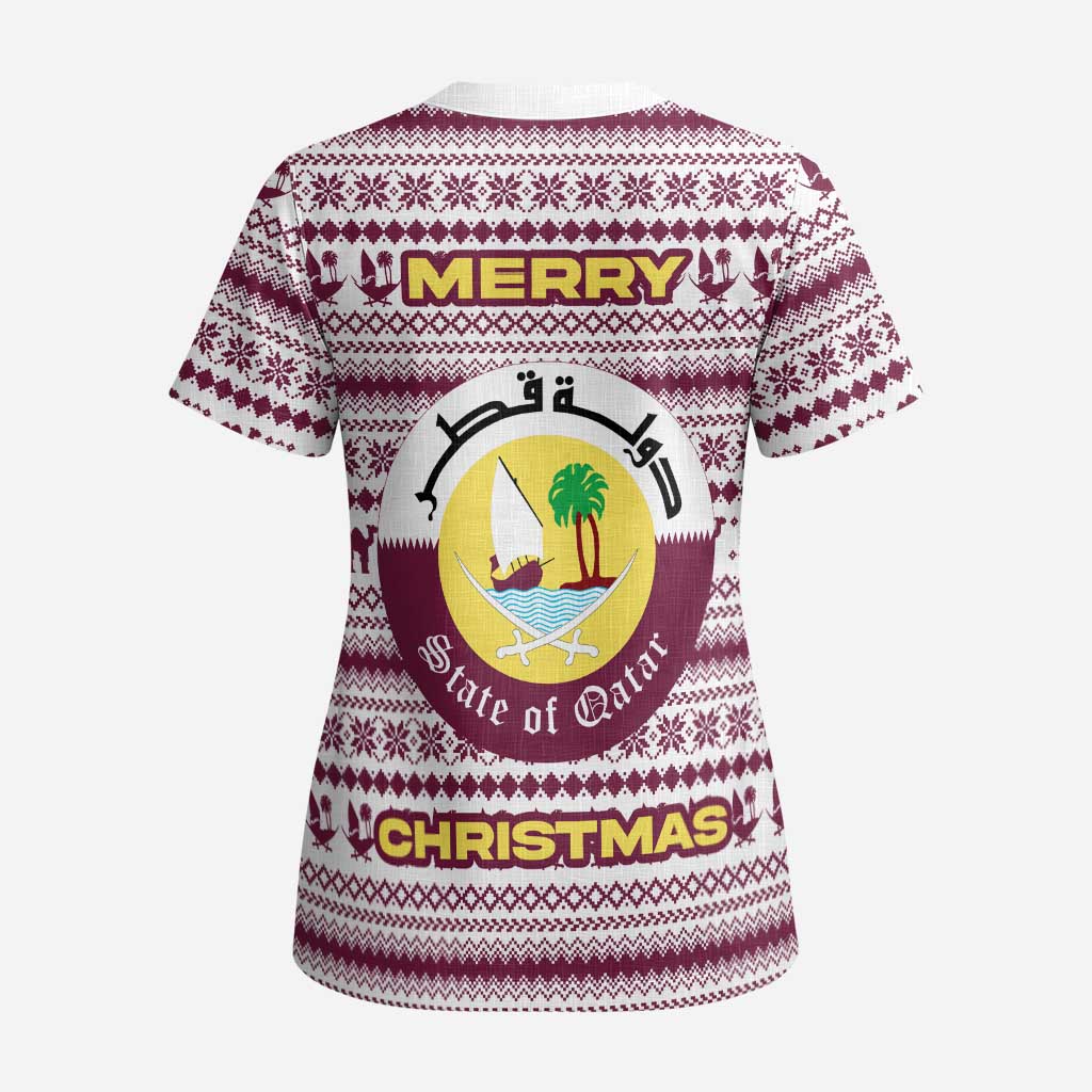 Qatar Christmas Scrub Top with Maroon-White Pattern, National Emblem, and Camel Motif - Wonder Print Shop