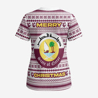 Qatar Christmas Scrub Top with Maroon-White Pattern, National Emblem, and Camel Motif - Wonder Print Shop