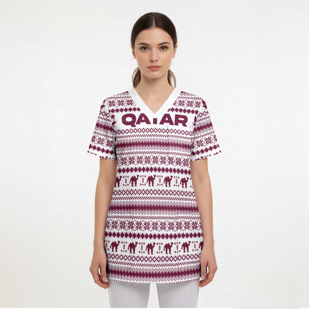 Qatar Christmas Scrub Top with Maroon-White Pattern, National Emblem, and Camel Motif - Wonder Print Shop