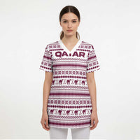 Qatar Christmas Scrub Top with Maroon-White Pattern, National Emblem, and Camel Motif - Wonder Print Shop