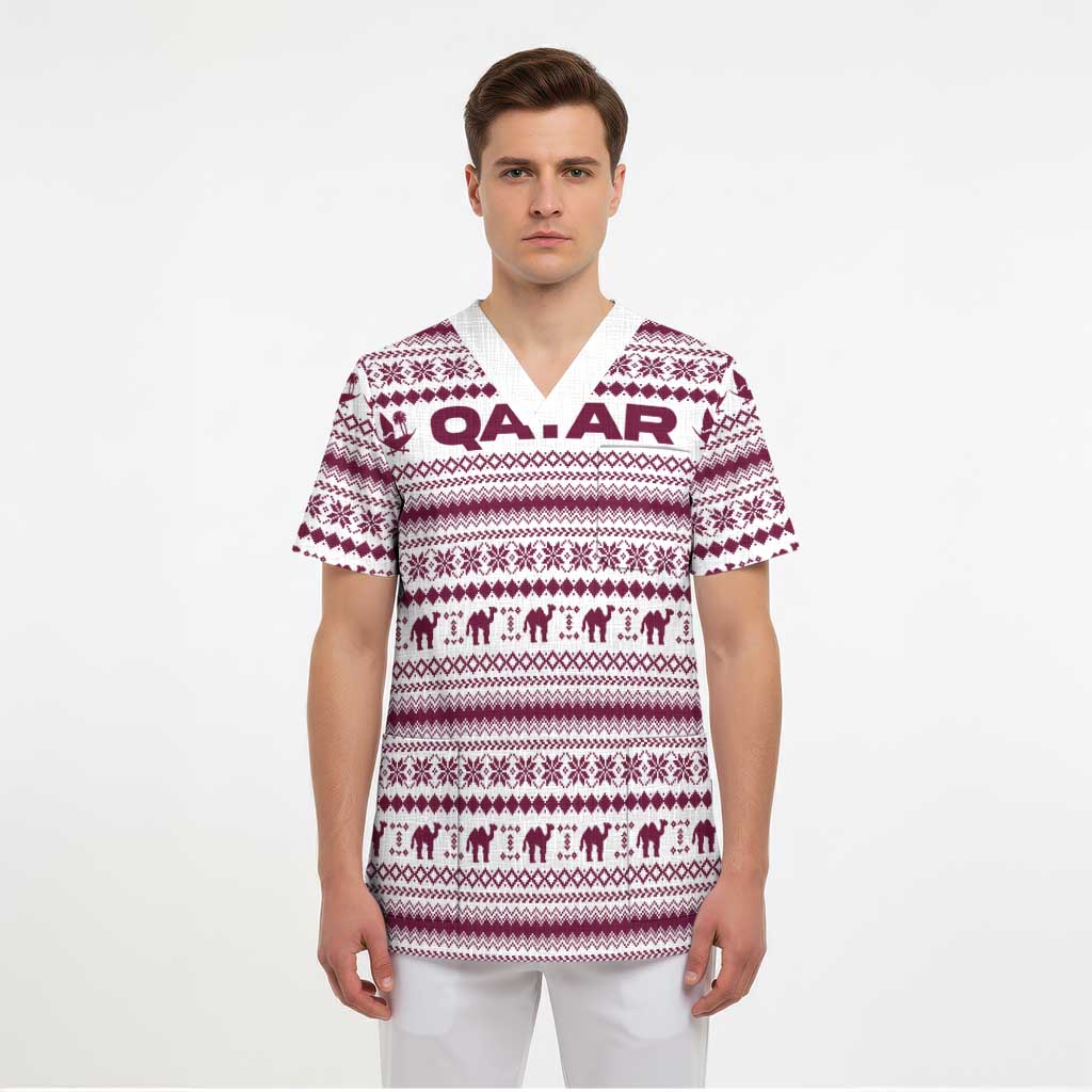 Qatar Christmas Scrub Top with Maroon-White Pattern, National Emblem, and Camel Motif - Wonder Print Shop