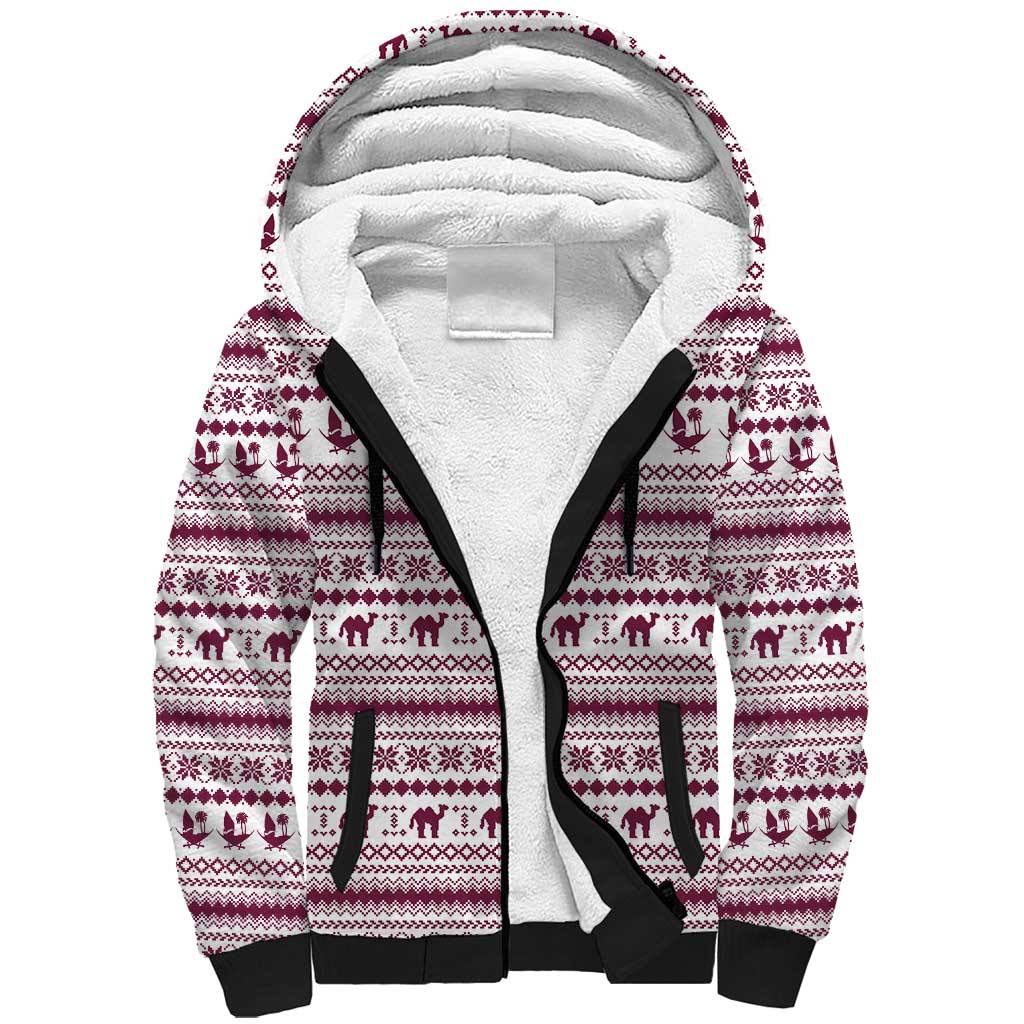 Qatar Christmas Sherpa Hoodie with Maroon-White Pattern, National Emblem, and Camel Motif - Wonder Print Shop