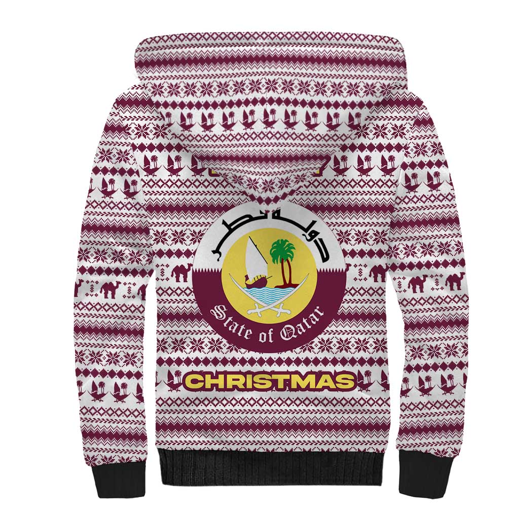Qatar Christmas Sherpa Hoodie with Maroon-White Pattern, National Emblem, and Camel Motif - Wonder Print Shop