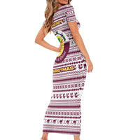 Qatar Christmas Short Sleeve Bodycon Dress with Maroon-White Pattern, National Emblem, and Camel Motif - Wonder Print Shop