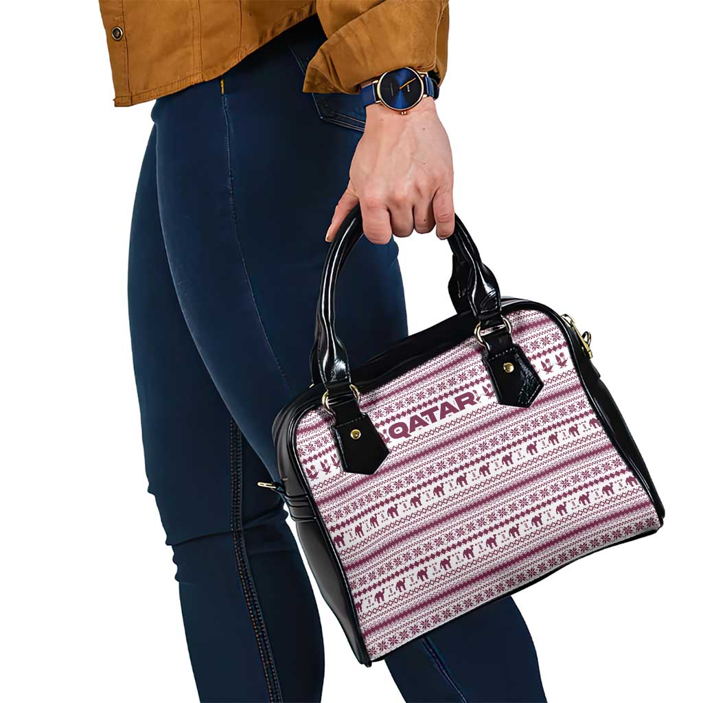 Qatar Christmas Shoulder Handbag with Maroon-White Pattern, National Emblem, and Camel Motif - Wonder Print Shop