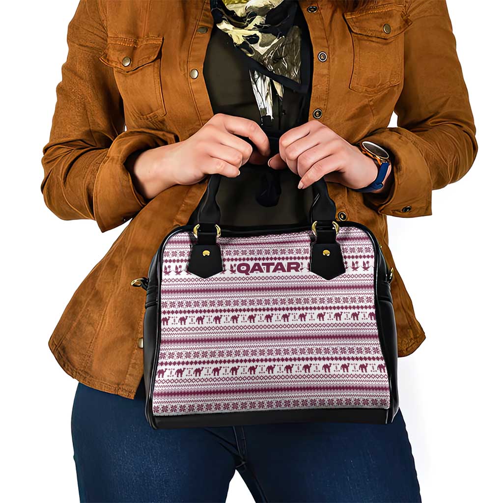 Qatar Christmas Shoulder Handbag with Maroon-White Pattern, National Emblem, and Camel Motif - Wonder Print Shop