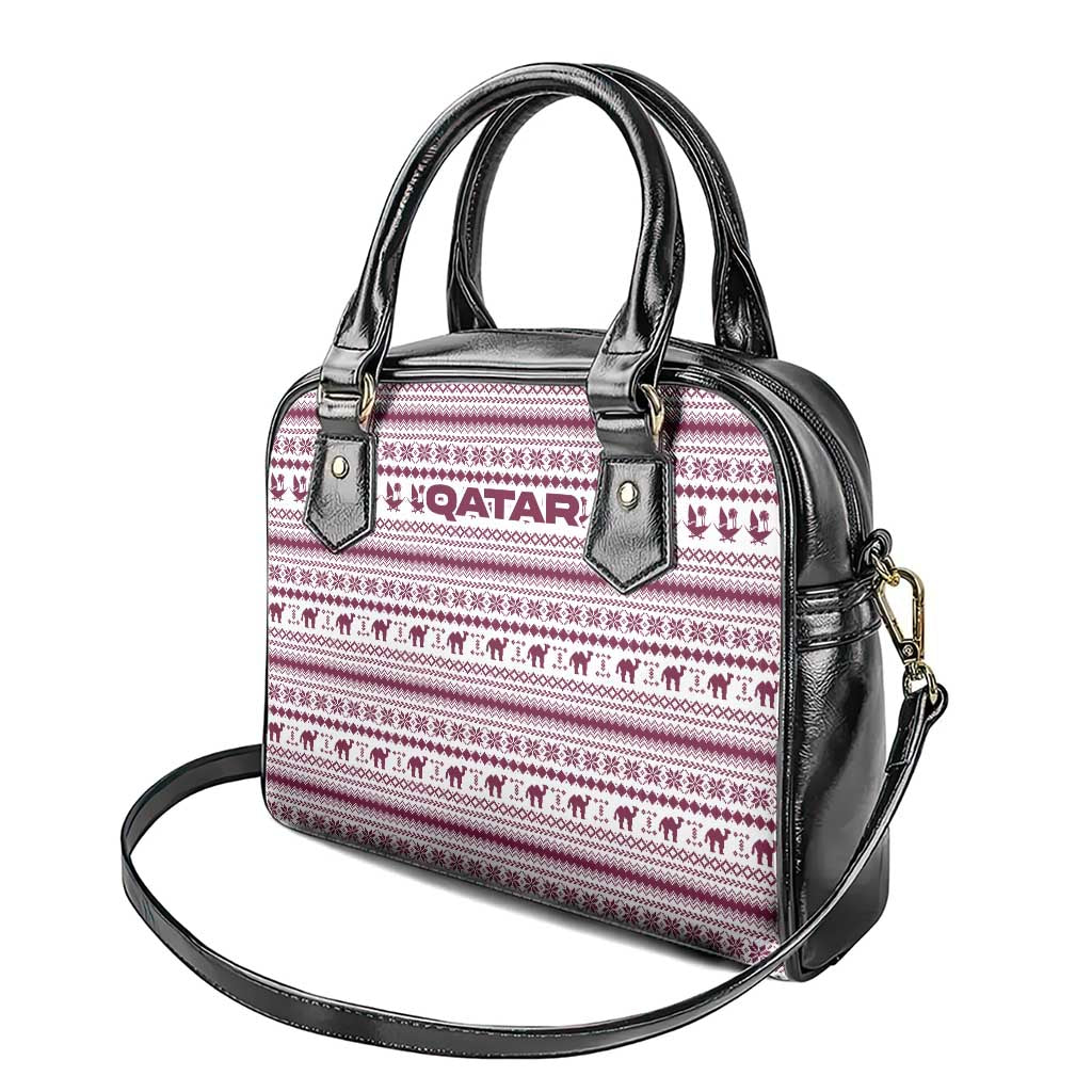 Qatar Christmas Shoulder Handbag with Maroon-White Pattern, National Emblem, and Camel Motif - Wonder Print Shop
