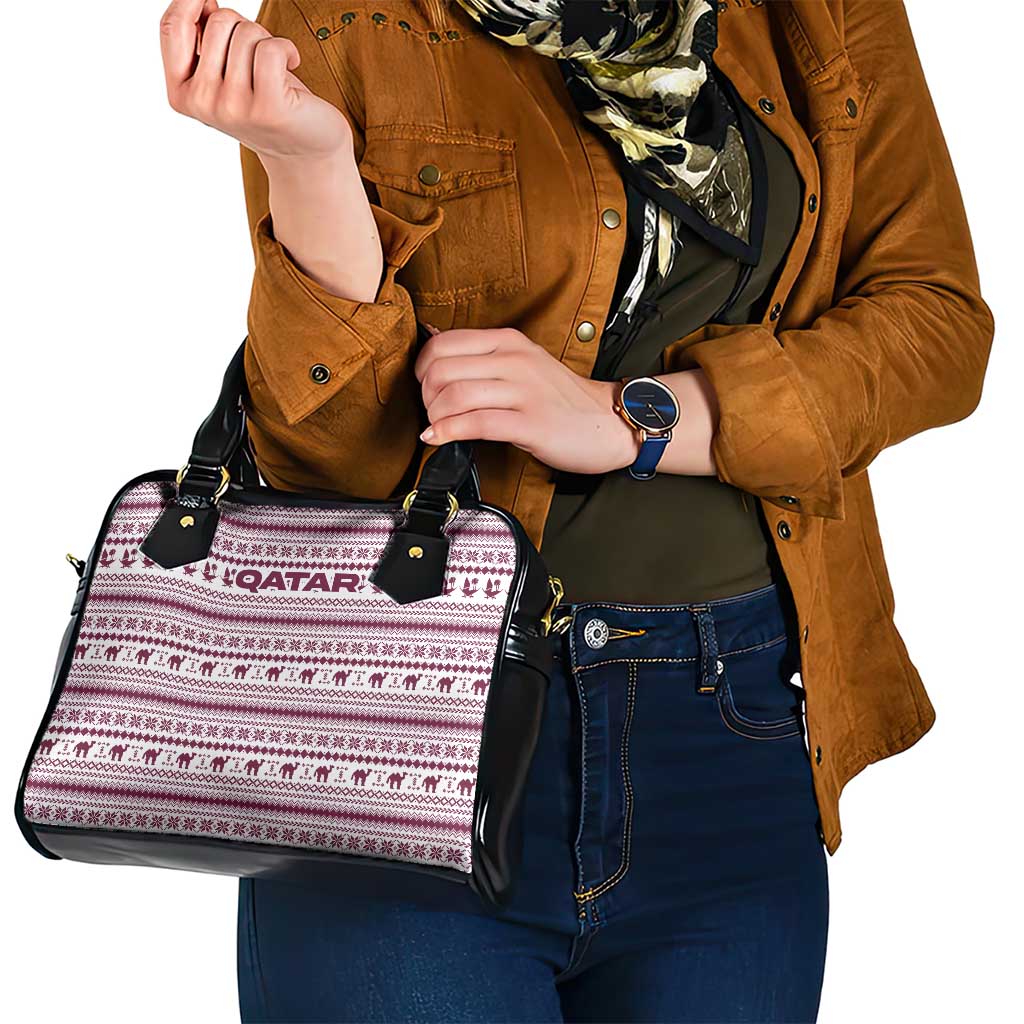 Qatar Christmas Shoulder Handbag with Maroon-White Pattern, National Emblem, and Camel Motif - Wonder Print Shop