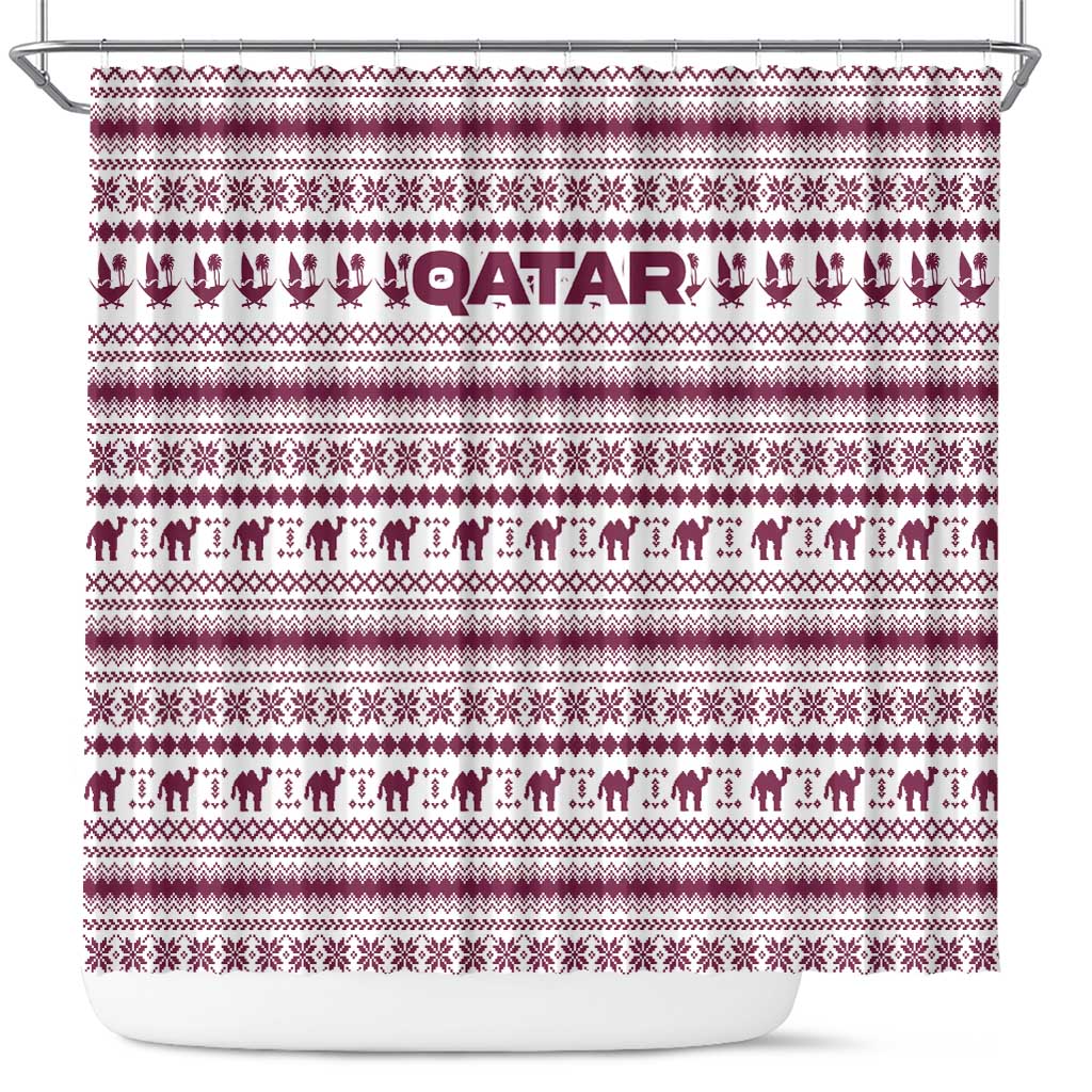 Qatar Christmas Shower Curtain with Maroon-White Pattern, National Emblem, and Camel Motif - Wonder Print Shop