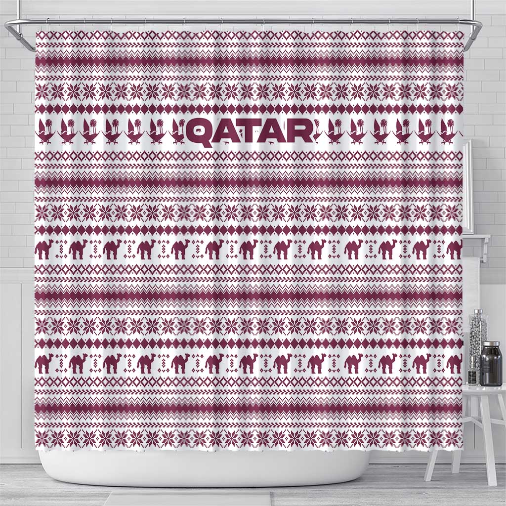 Qatar Christmas Shower Curtain with Maroon-White Pattern, National Emblem, and Camel Motif - Wonder Print Shop