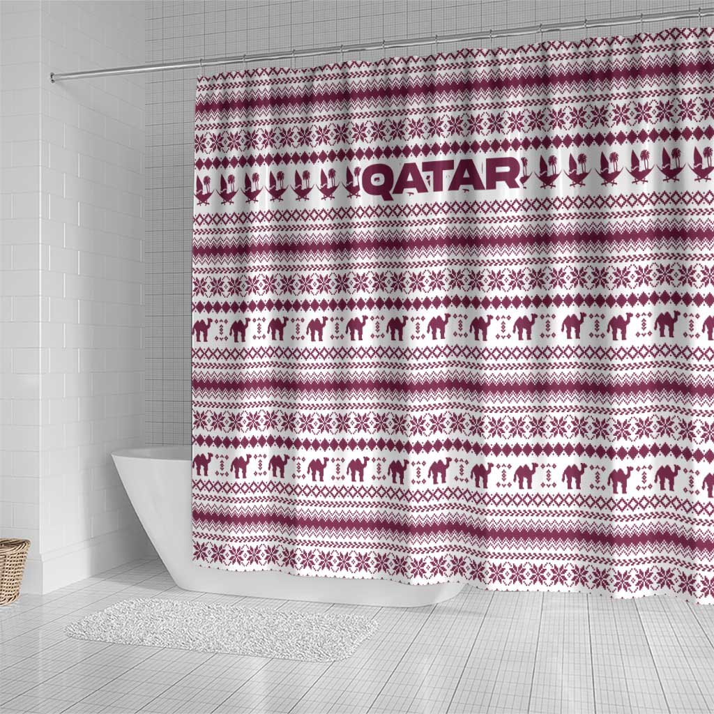 Qatar Christmas Shower Curtain with Maroon-White Pattern, National Emblem, and Camel Motif - Wonder Print Shop