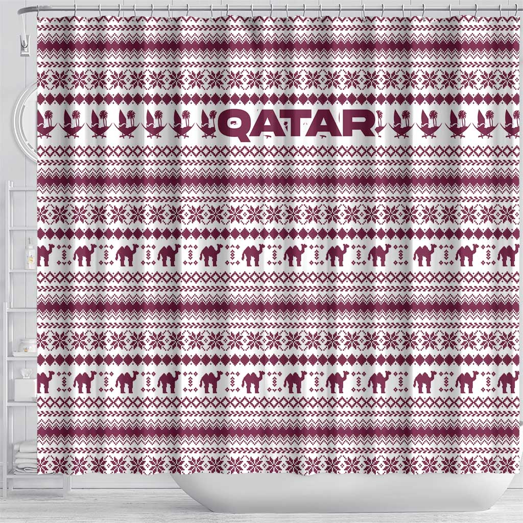 Qatar Christmas Shower Curtain with Maroon-White Pattern, National Emblem, and Camel Motif - Wonder Print Shop