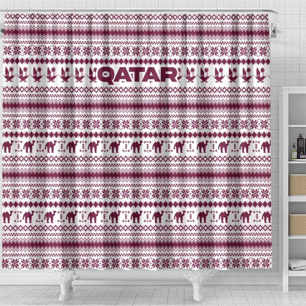 Qatar Christmas Shower Curtain with Maroon-White Pattern, National Emblem, and Camel Motif - Wonder Print Shop