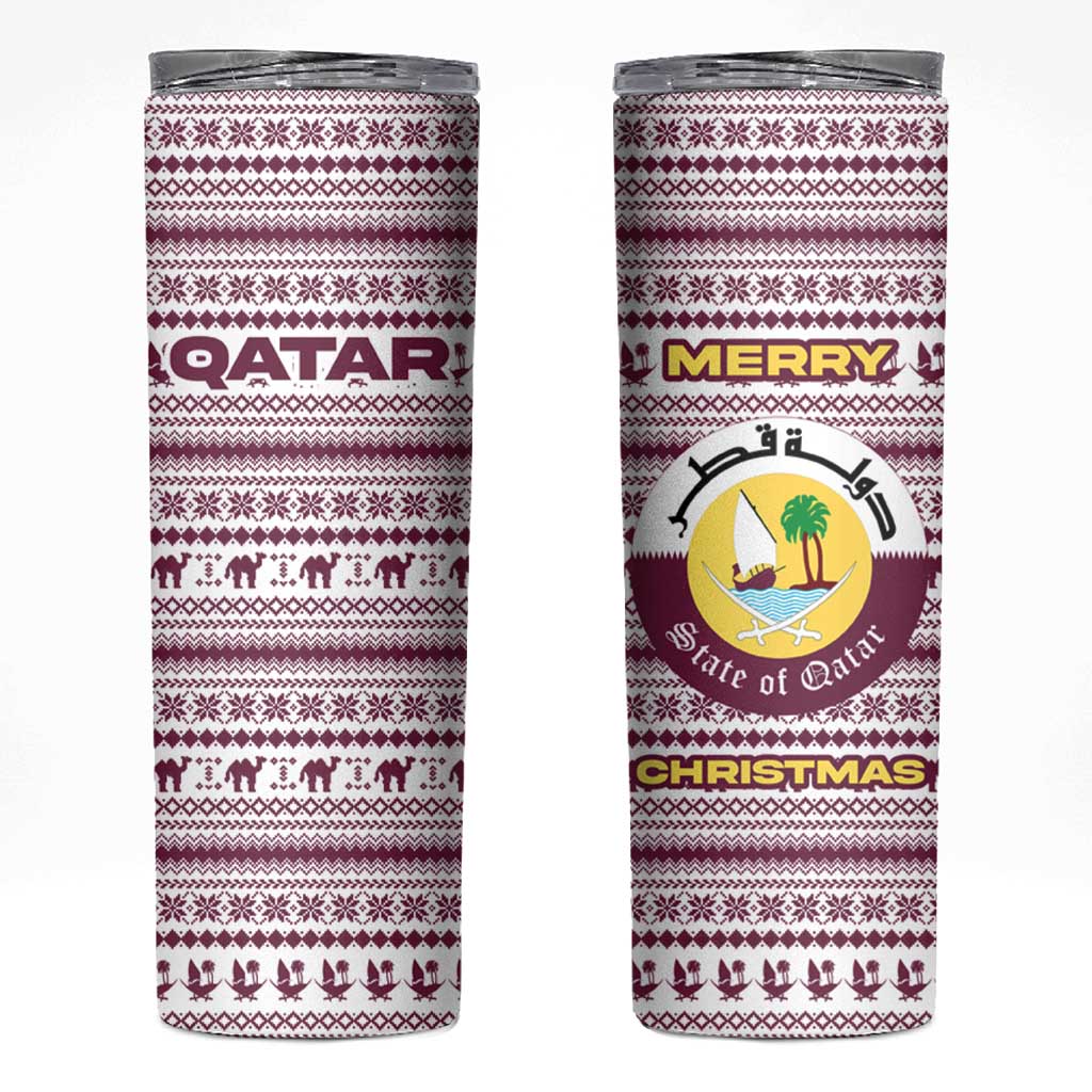 Qatar Christmas Skinny Tumbler with Maroon-White Pattern, National Emblem, and Camel Motif - Wonder Print Shop