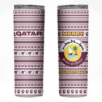 Qatar Christmas Skinny Tumbler with Maroon-White Pattern, National Emblem, and Camel Motif - Wonder Print Shop