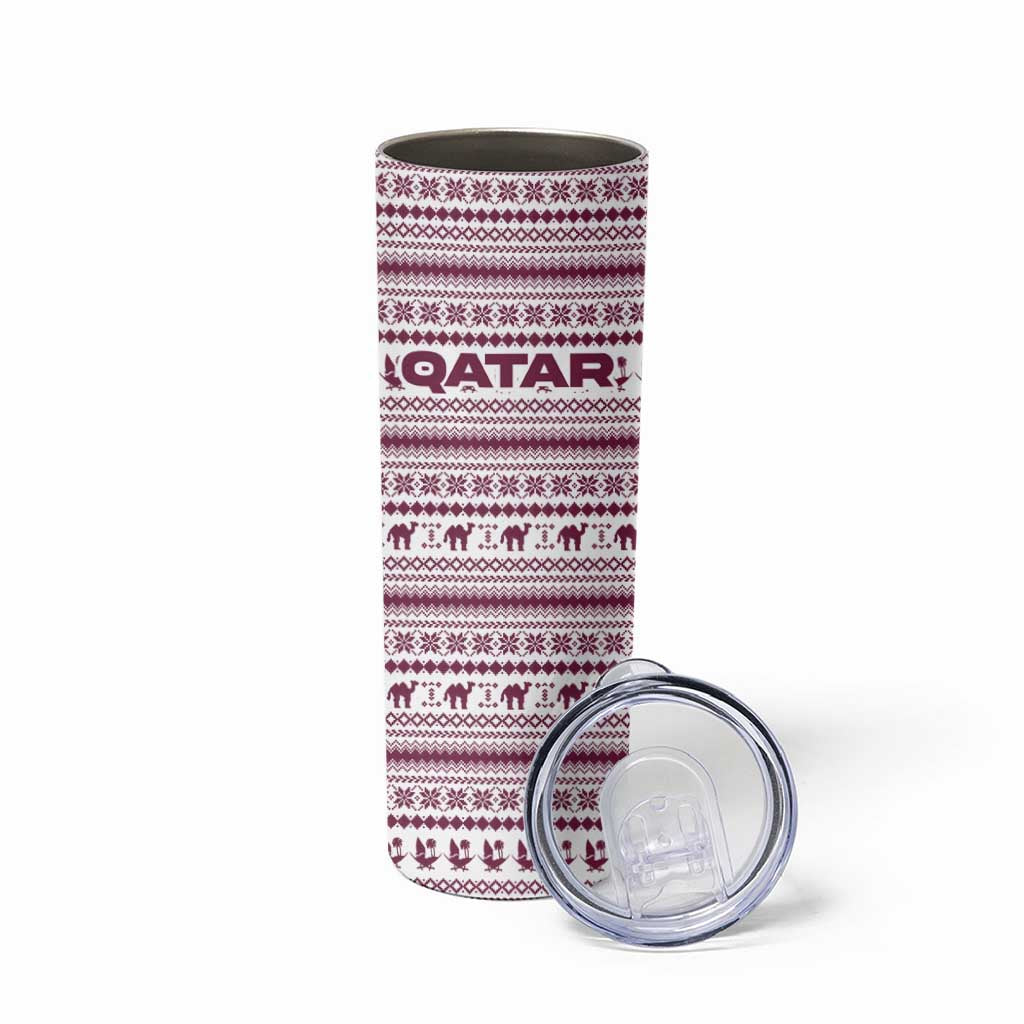 Qatar Christmas Skinny Tumbler with Maroon-White Pattern, National Emblem, and Camel Motif - Wonder Print Shop