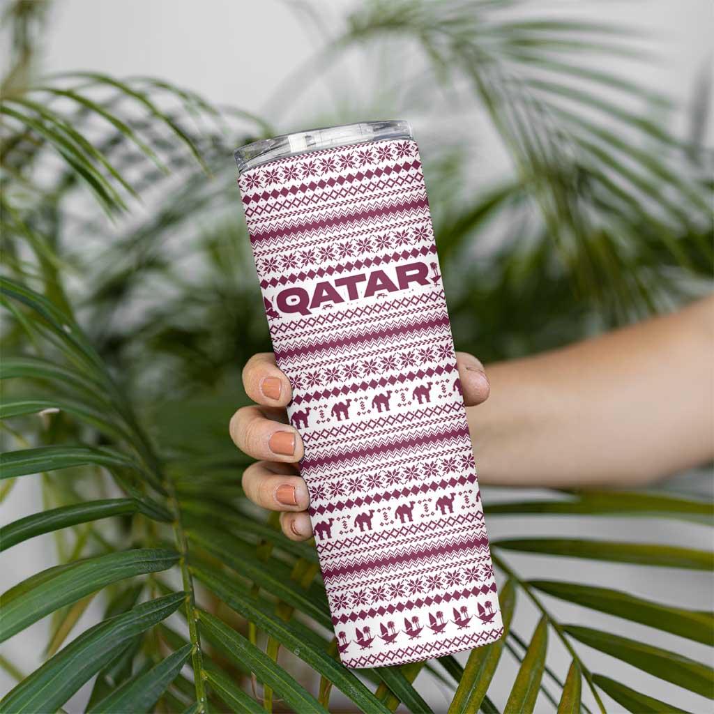 Qatar Christmas Skinny Tumbler with Maroon-White Pattern, National Emblem, and Camel Motif - Wonder Print Shop