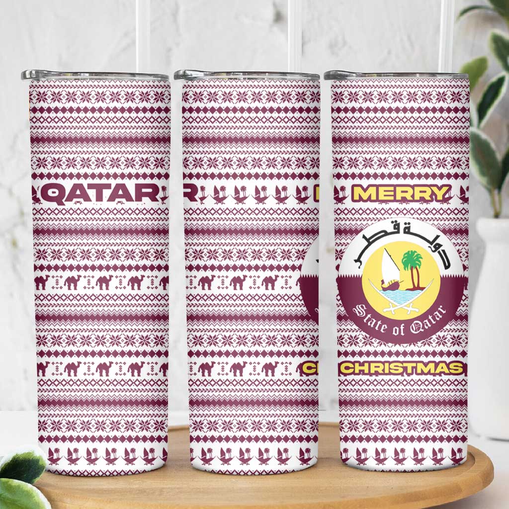 Qatar Christmas Skinny Tumbler with Maroon-White Pattern, National Emblem, and Camel Motif - Wonder Print Shop