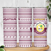 Qatar Christmas Skinny Tumbler with Maroon-White Pattern, National Emblem, and Camel Motif - Wonder Print Shop