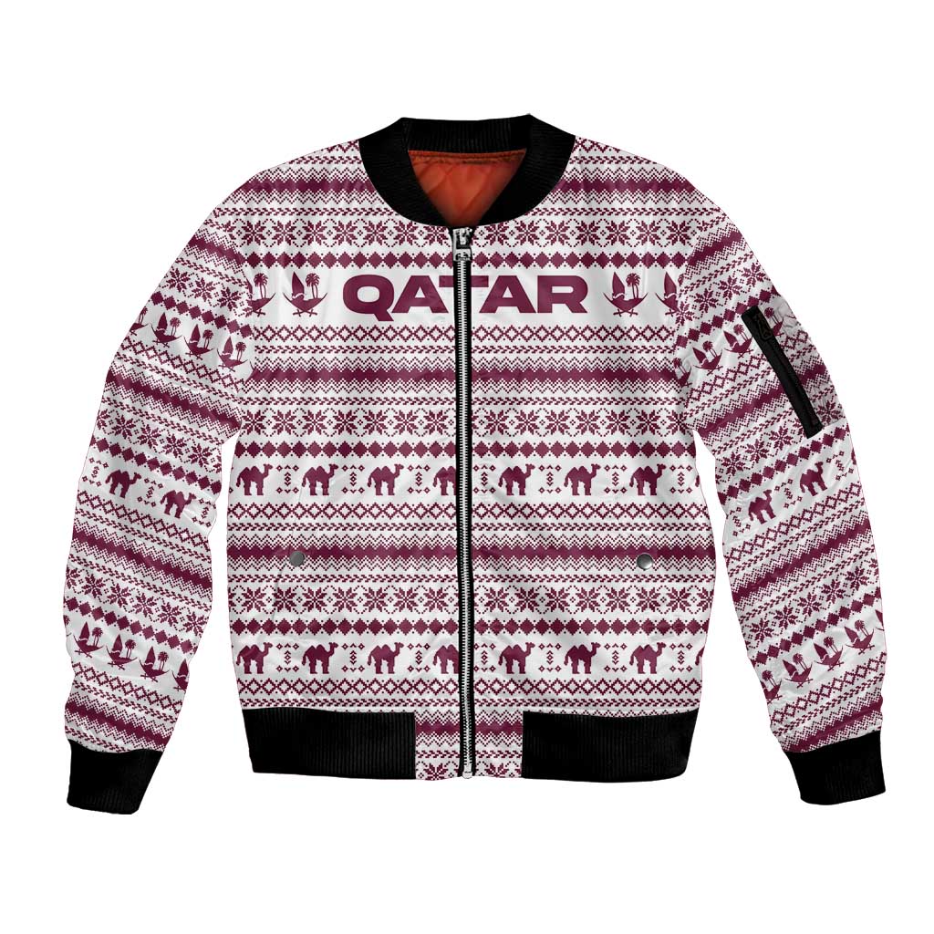 Qatar Christmas Sleeve Zip Bomber Jacket with Maroon-White Pattern, National Emblem, and Camel Motif - Wonder Print Shop