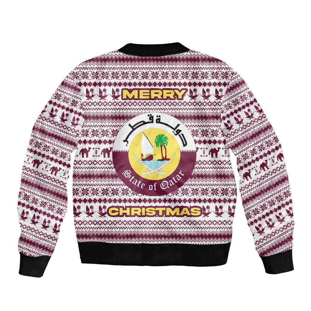 Qatar Christmas Sleeve Zip Bomber Jacket with Maroon-White Pattern, National Emblem, and Camel Motif - Wonder Print Shop