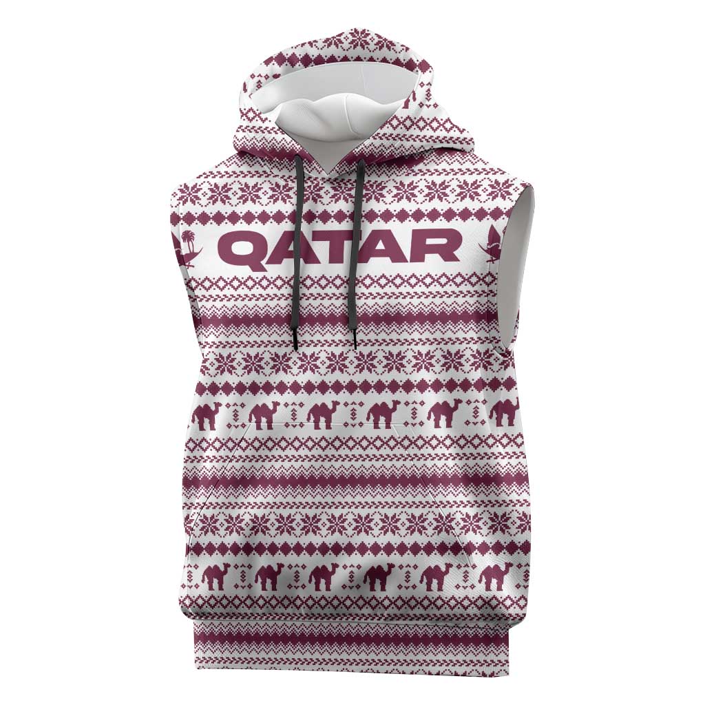 Qatar Christmas Sleeveless Hoodie with Maroon-White Pattern, National Emblem, and Camel Motif - Wonder Print Shop
