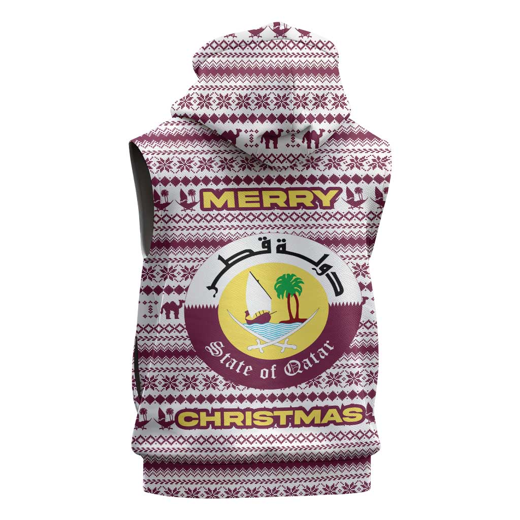 Qatar Christmas Sleeveless Hoodie with Maroon-White Pattern, National Emblem, and Camel Motif - Wonder Print Shop