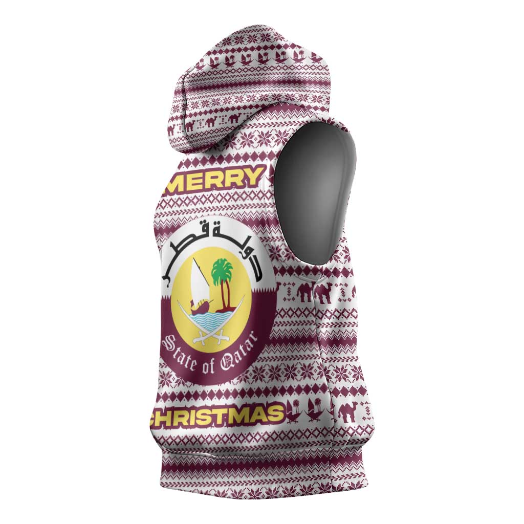 Qatar Christmas Sleeveless Hoodie with Maroon-White Pattern, National Emblem, and Camel Motif - Wonder Print Shop