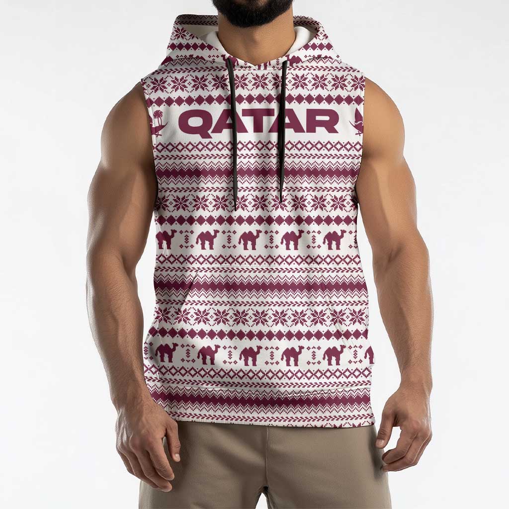 Qatar Christmas Sleeveless Hoodie with Maroon-White Pattern, National Emblem, and Camel Motif - Wonder Print Shop