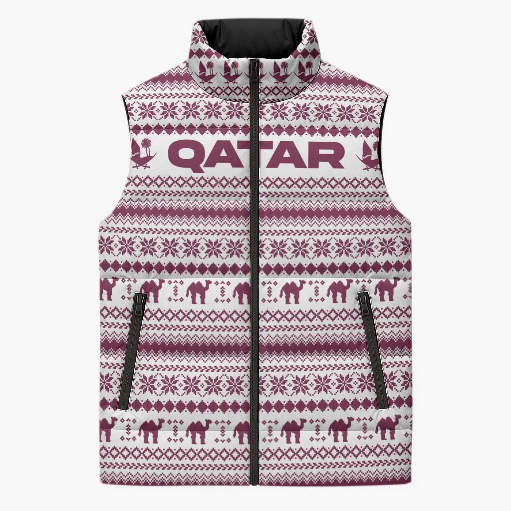 Qatar Christmas Sleeveless Puffer Jacket with Maroon-White Pattern, National Emblem, and Camel Motif - Wonder Print Shop