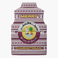 Qatar Christmas Sleeveless Puffer Jacket with Maroon-White Pattern, National Emblem, and Camel Motif - Wonder Print Shop