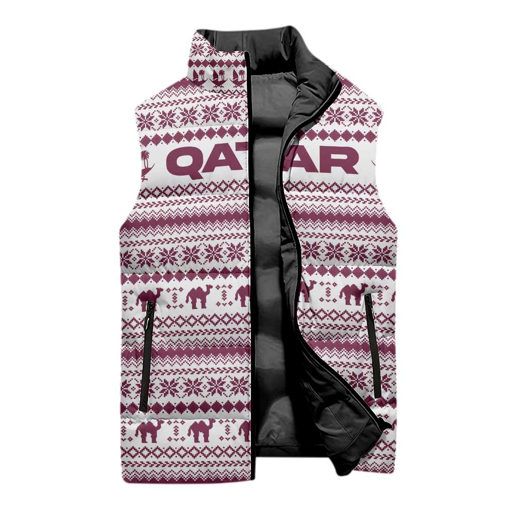 Qatar Christmas Sleeveless Puffer Jacket with Maroon-White Pattern, National Emblem, and Camel Motif - Wonder Print Shop