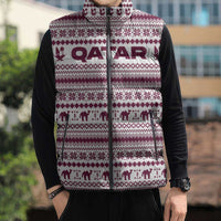 Qatar Christmas Sleeveless Puffer Jacket with Maroon-White Pattern, National Emblem, and Camel Motif - Wonder Print Shop