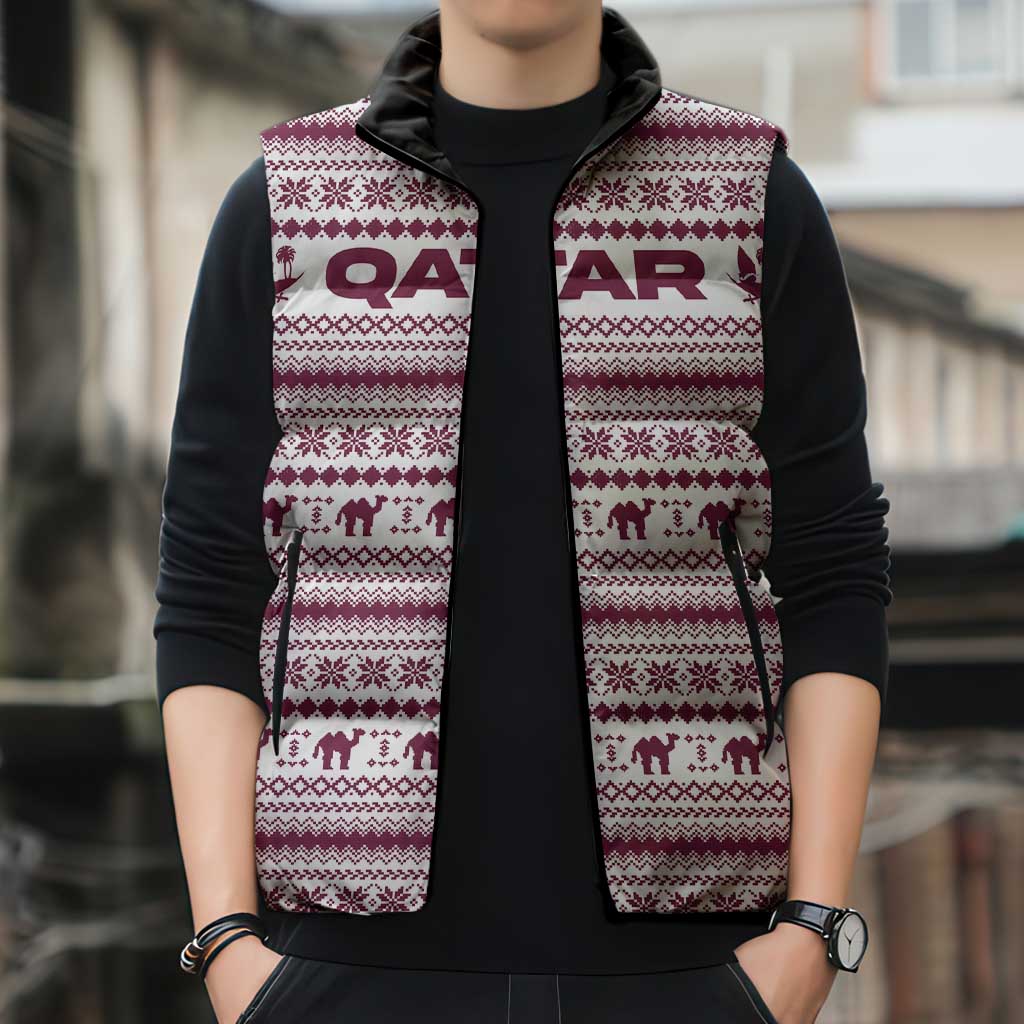 Qatar Christmas Sleeveless Puffer Jacket with Maroon-White Pattern, National Emblem, and Camel Motif - Wonder Print Shop