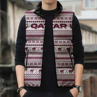 Qatar Christmas Sleeveless Puffer Jacket with Maroon-White Pattern, National Emblem, and Camel Motif - Wonder Print Shop